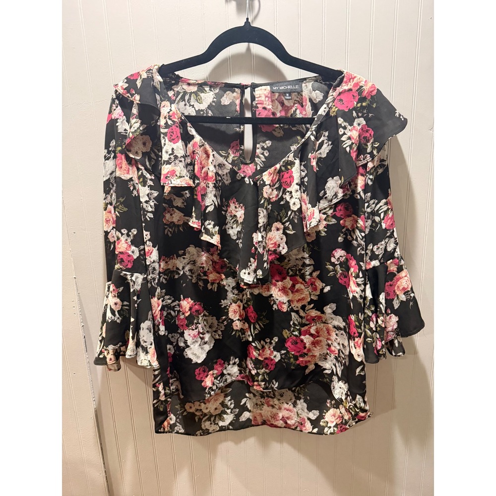 My Michelle Womens Floral Ruffle V-Neck Bell Sleeve Blouse Black Pink Size Med